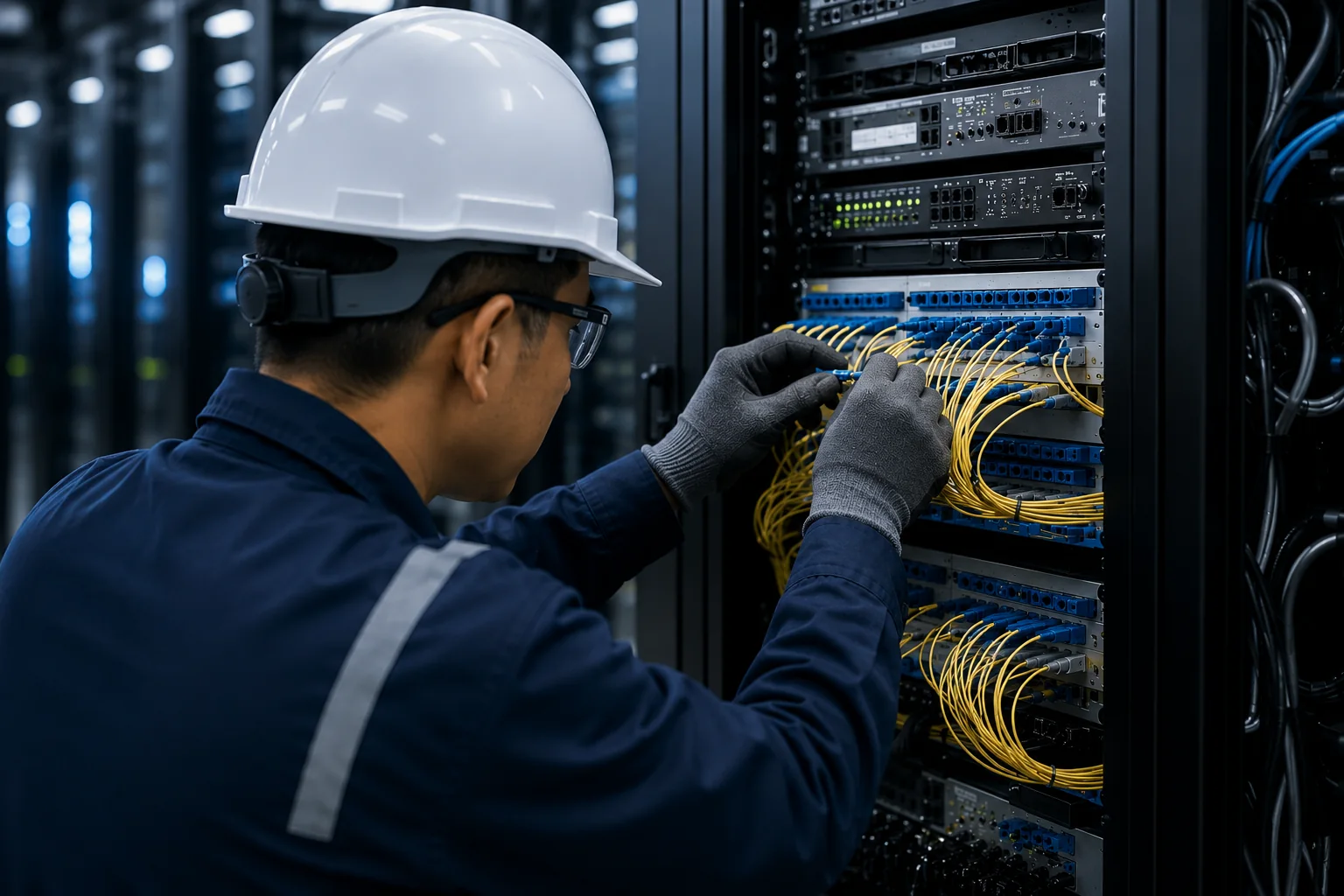 Bee Teck fibre optic specialist working on network infrastructure