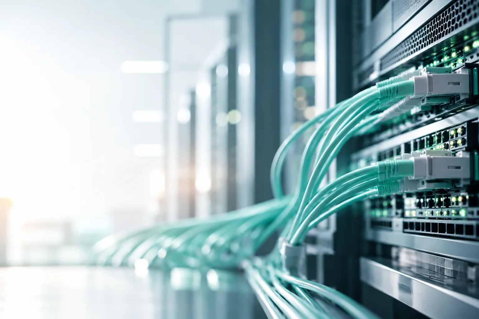 Fibre optic patch cables connected to telecommunications network equipment