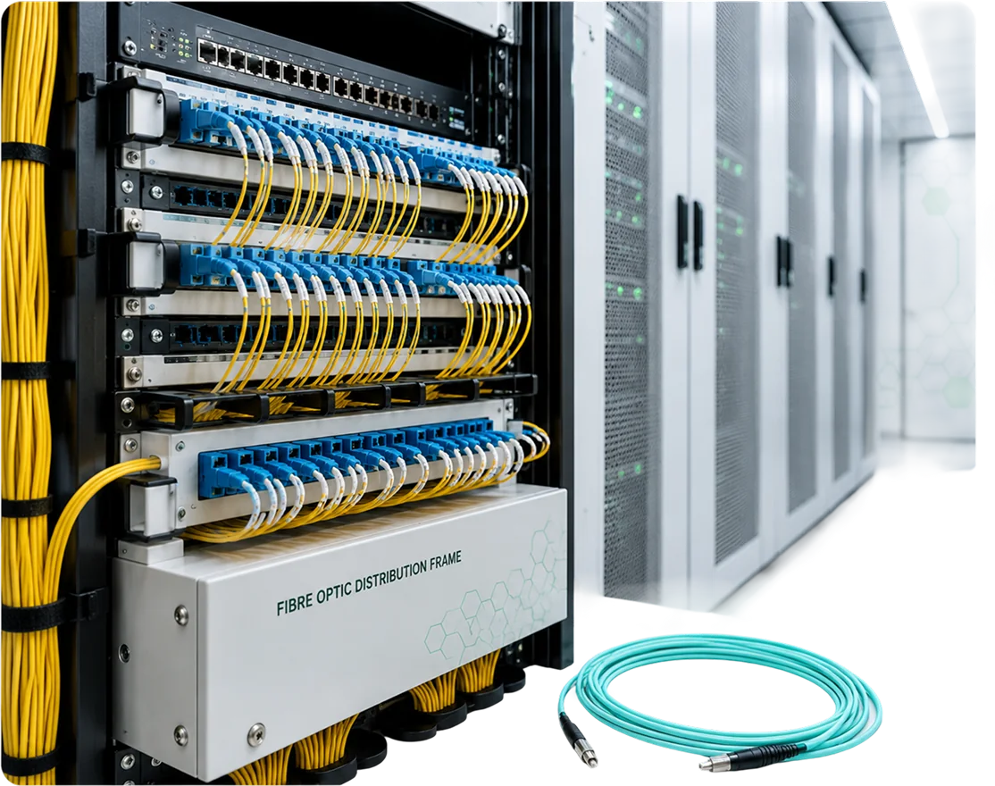 Network cabinet with fibre optic distribution equipment