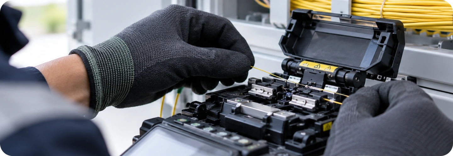 Fibre optic specialist splicing cables using a fusion splicer