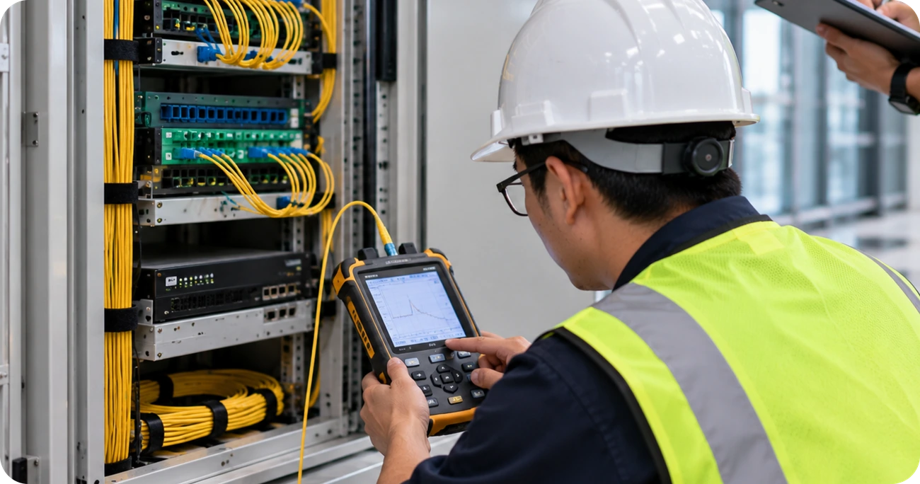 Technician verifying fibre readiness with network testing equipment