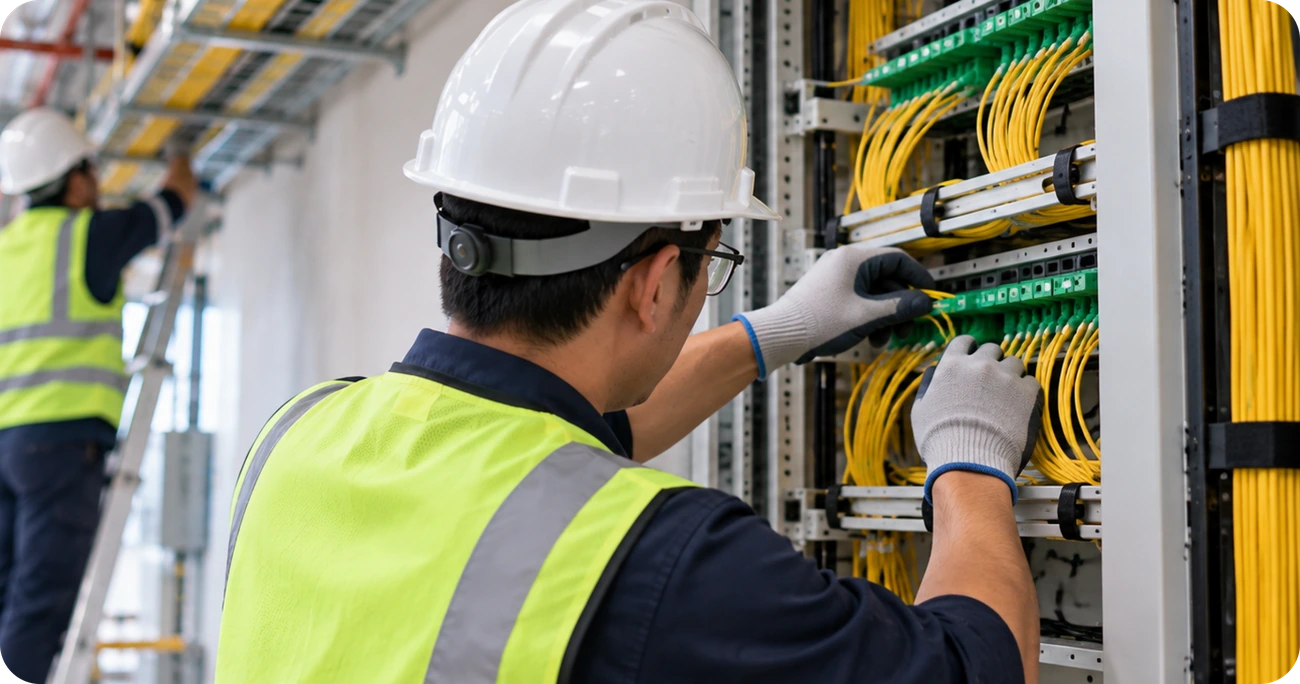 Technician installing network cabling in a building communications cabinet