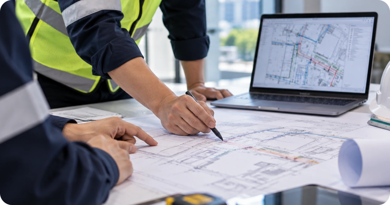 Network planning team reviewing infrastructure drawings and cable routes