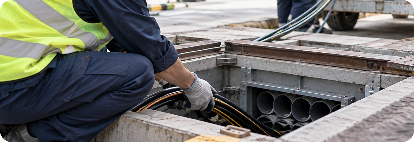 Technician installing underground telecommunications cables