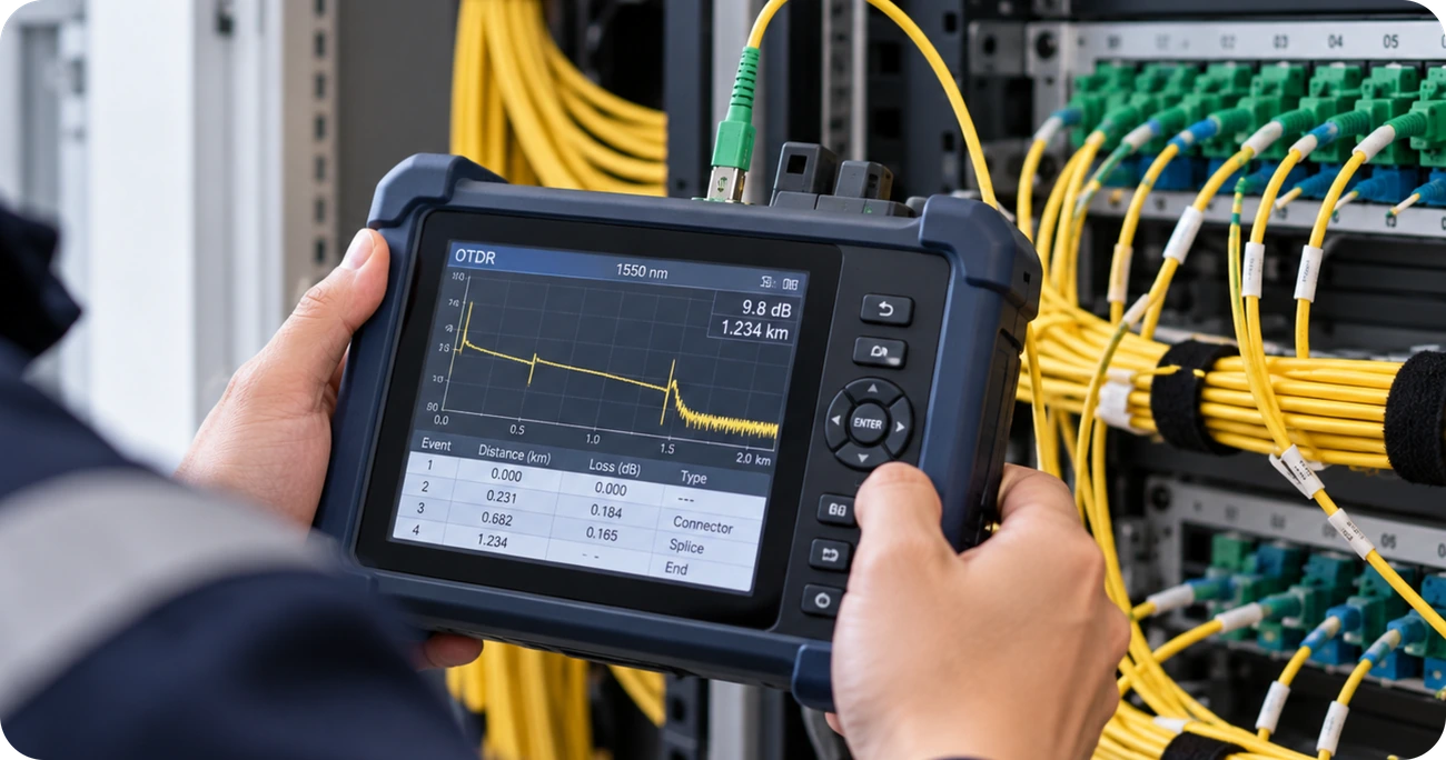 Technician testing a fibre link with an OTDR
